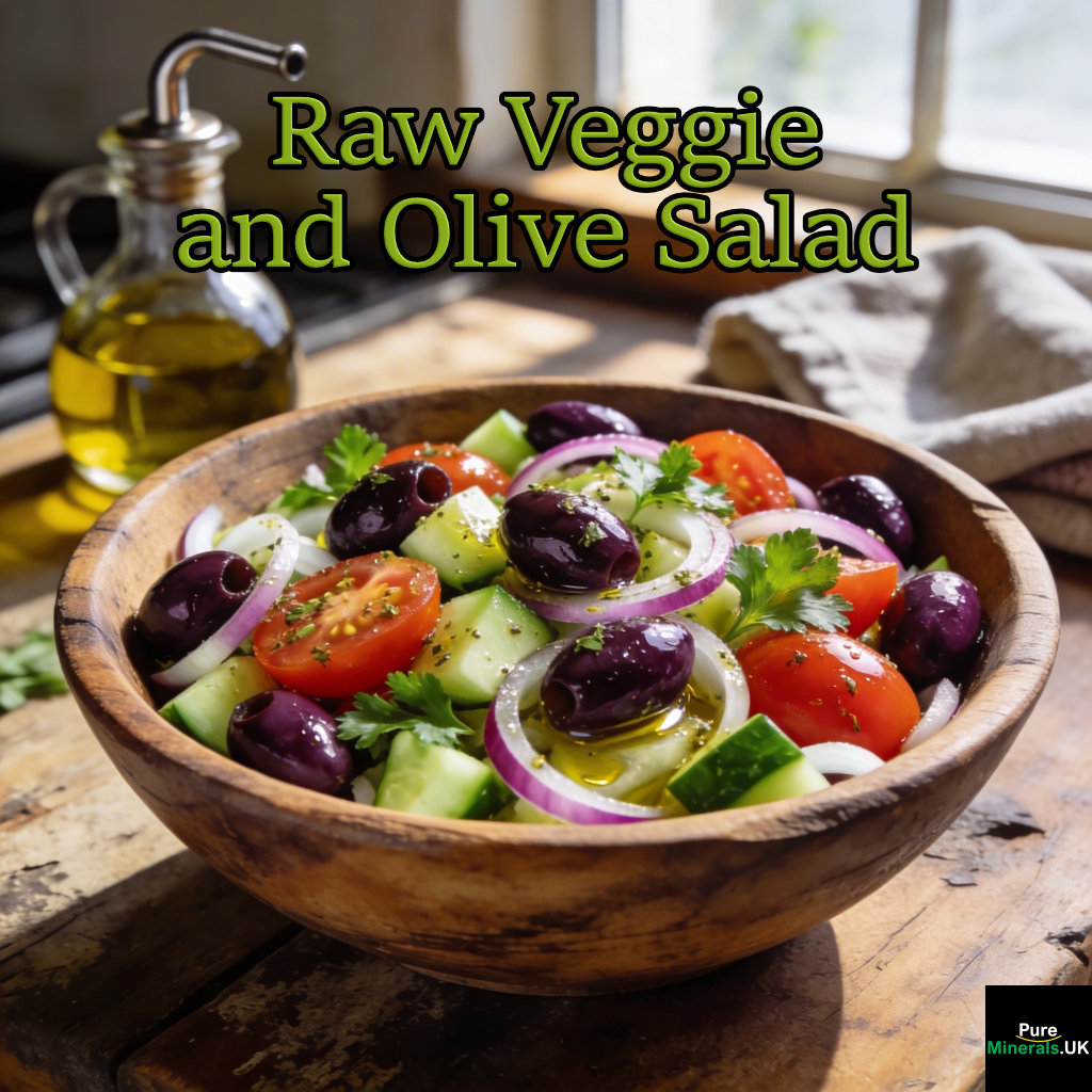 Bowl of raw veggie and olive salad with Kalamata olives, cherry tomatoes, cucumber, red onion, and parsley in an Italian kitchen.