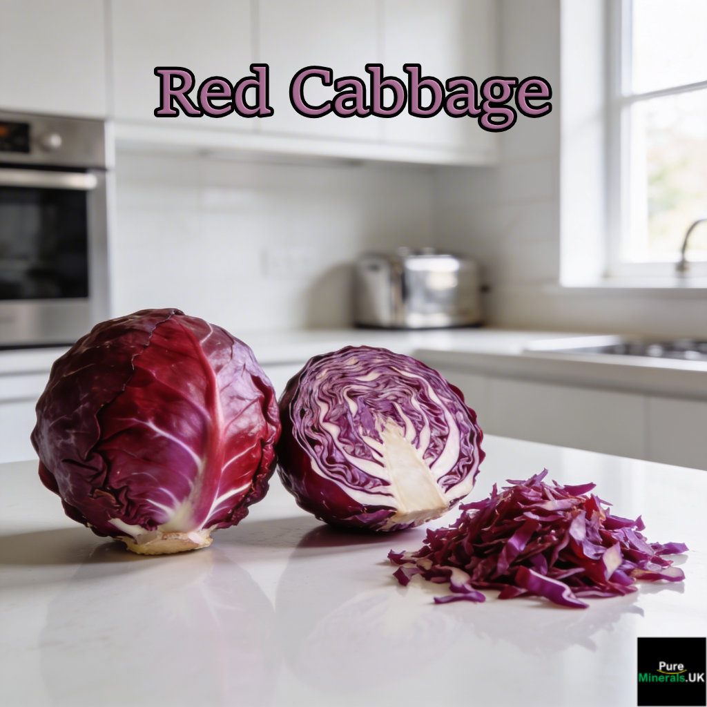Whole, halved, and grated red cabbage on a modern kitchen table.