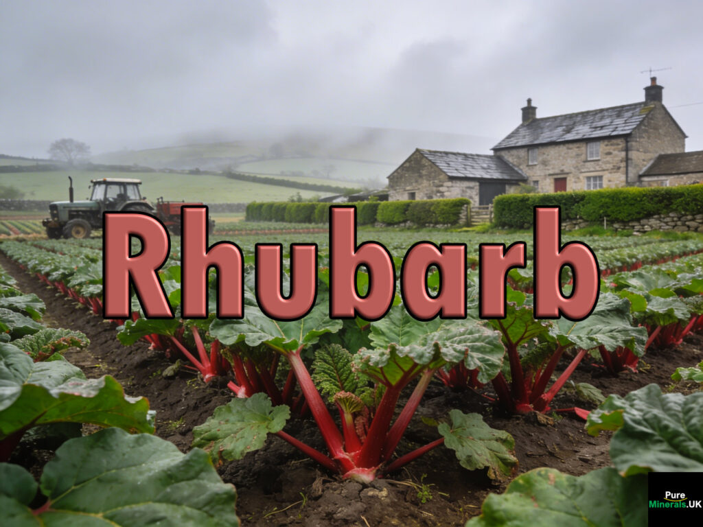 A commercial rhubarb farm in the Yorkshire Rhubarb Triangle, showing long rows of rhubarb with large green leaves and red stems under overcast skies, with farm buildings and equipment in the background.