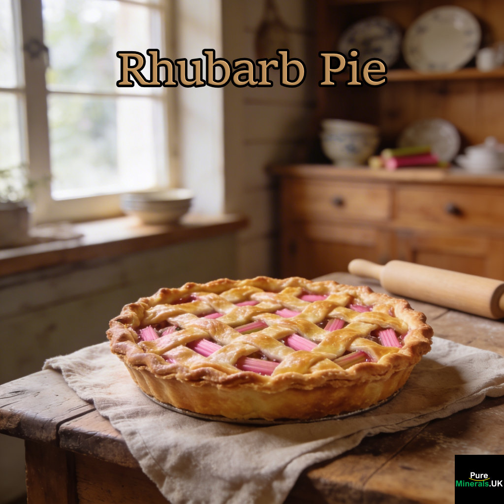 A freshly baked rhubarb pie with a golden lattice crust and visible pink filling, placed on a rustic wooden table in a cozy farmhouse kitchen.