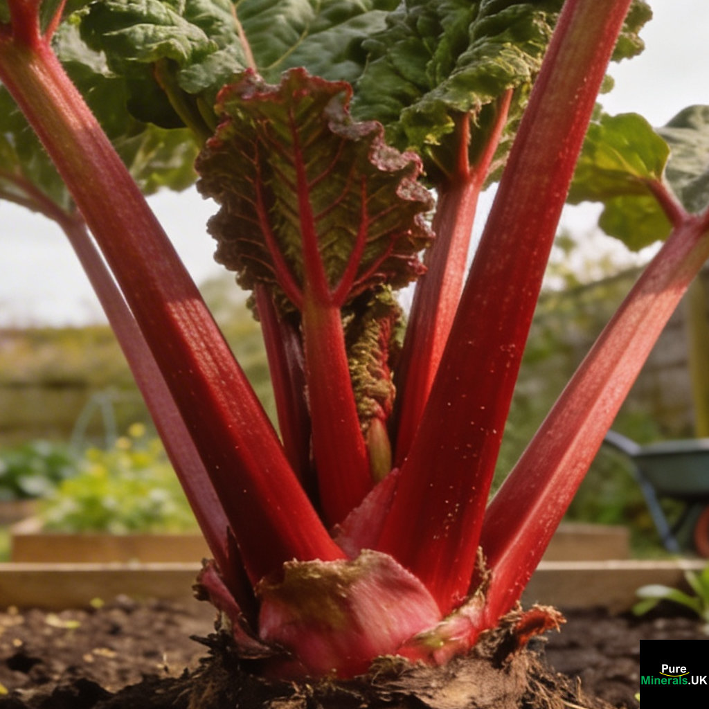 Rhubarb growing in an allotment, with large green leaves and thick, ripe red stems emerging from rich soil.