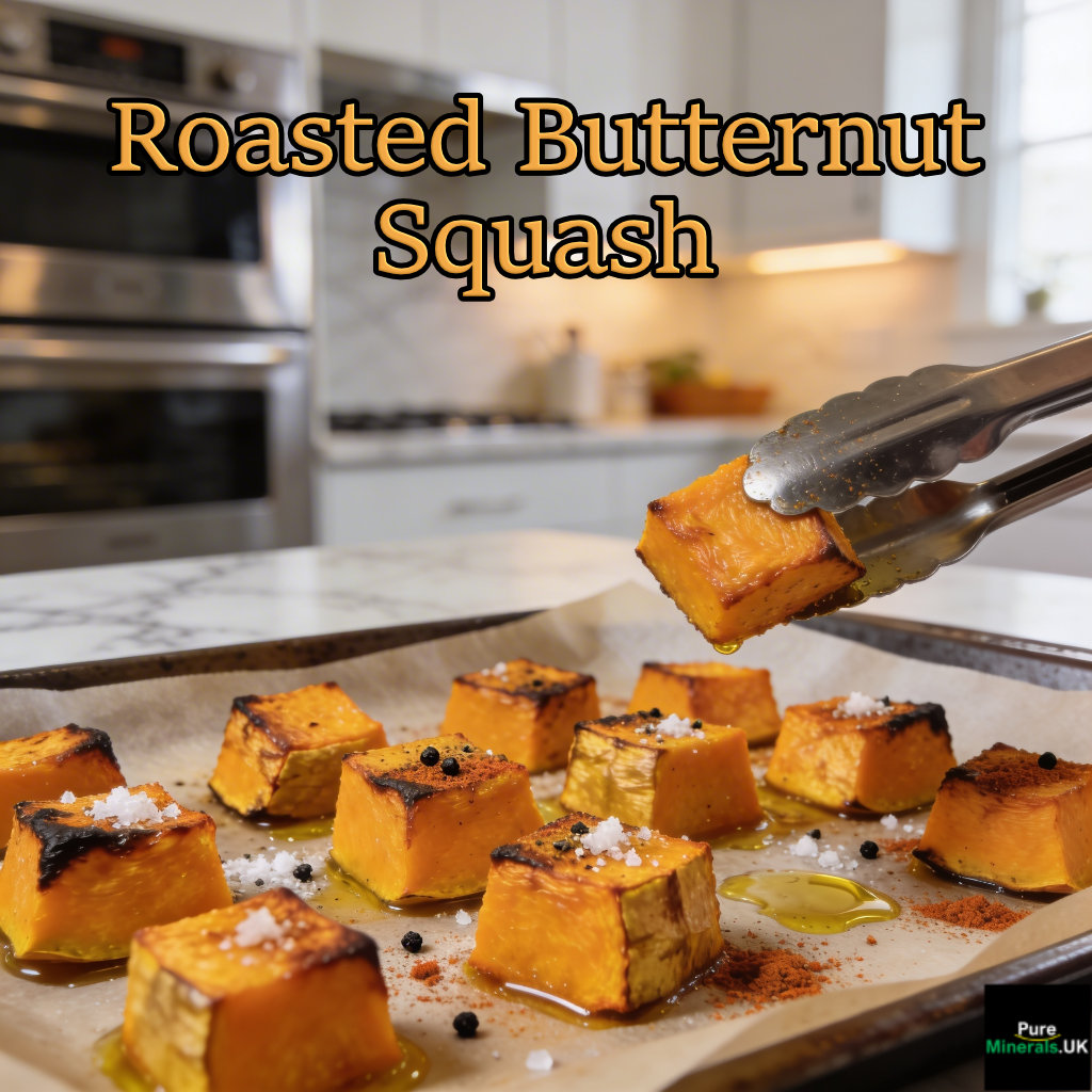 Roasted Butternut Squash freshly out of the oven on a baking tray in a modern kitchen.