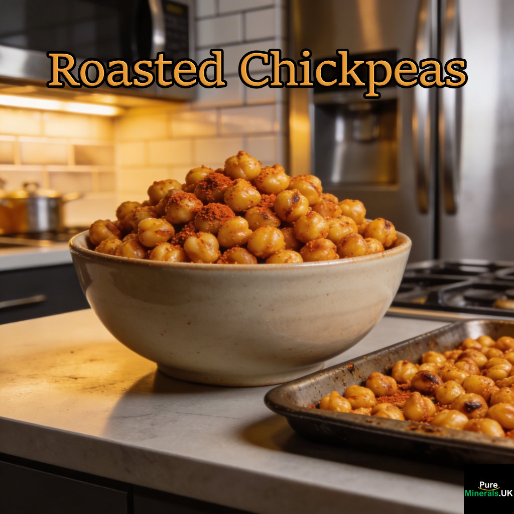 A bowl of crispy roasted chickpeas seasoned with spices on a kitchen countertop, with a baking tray of freshly roasted chickpeas in the background.