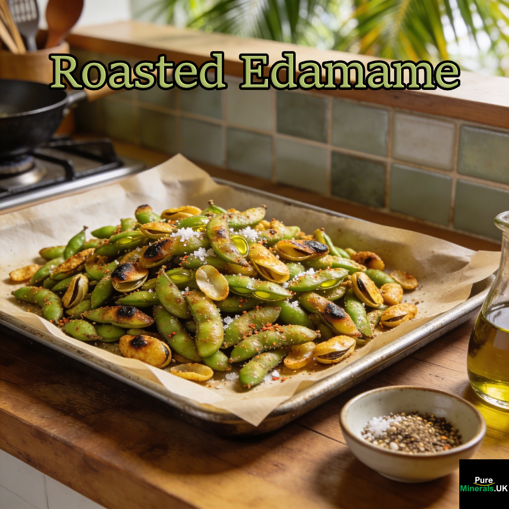 Tray of crispy roasted shelled edamame seasoned with oil and spices on a wooden counter in a Thai kitchen.