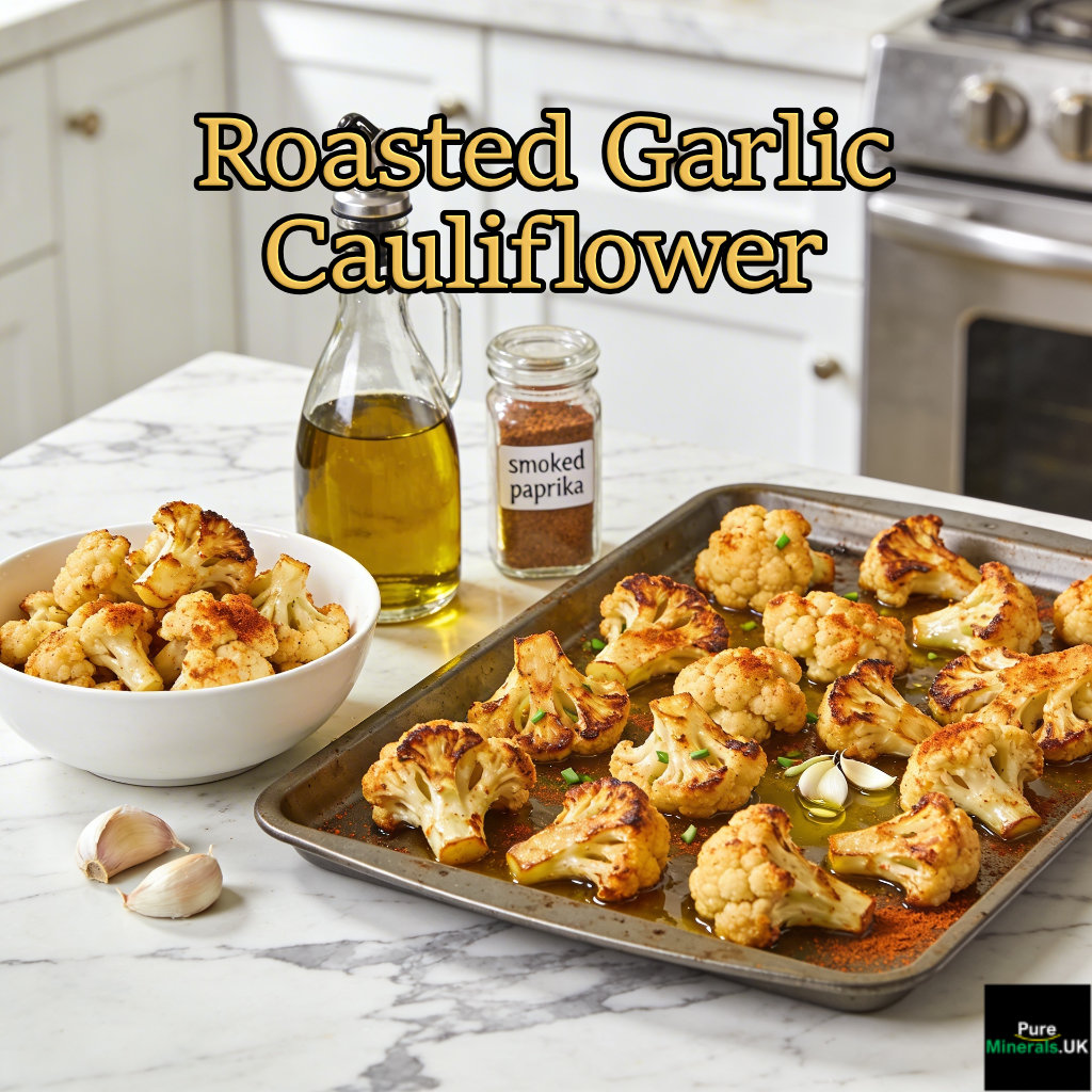 Golden roasted cauliflower florets with garlic and smoked paprika on a baking sheet in a modern kitchen.