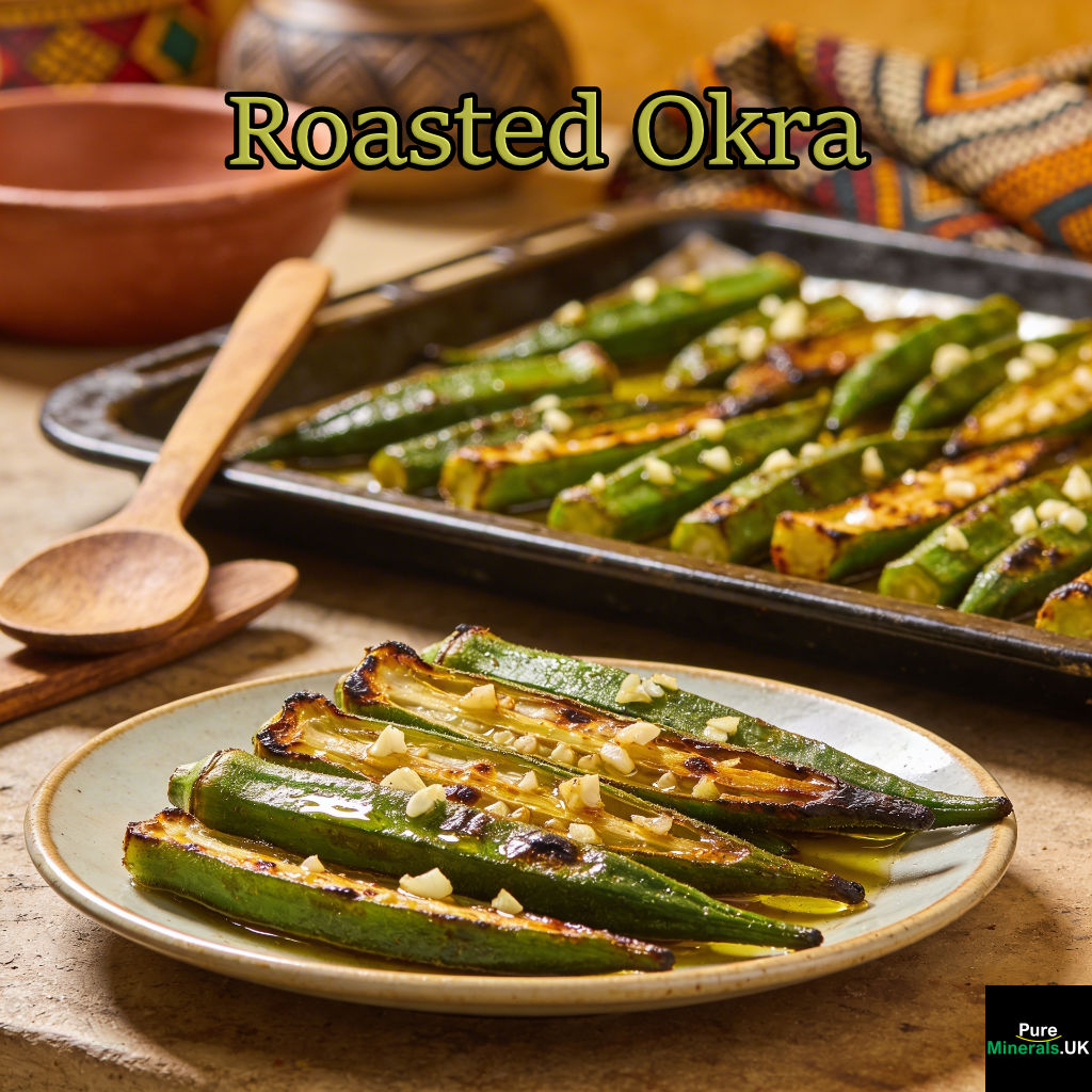 Tray and plate of roasted okra with garlic and olive oil, showing lightly charred tips and glossy caramelized pods in a Nigerian kitchen setting.