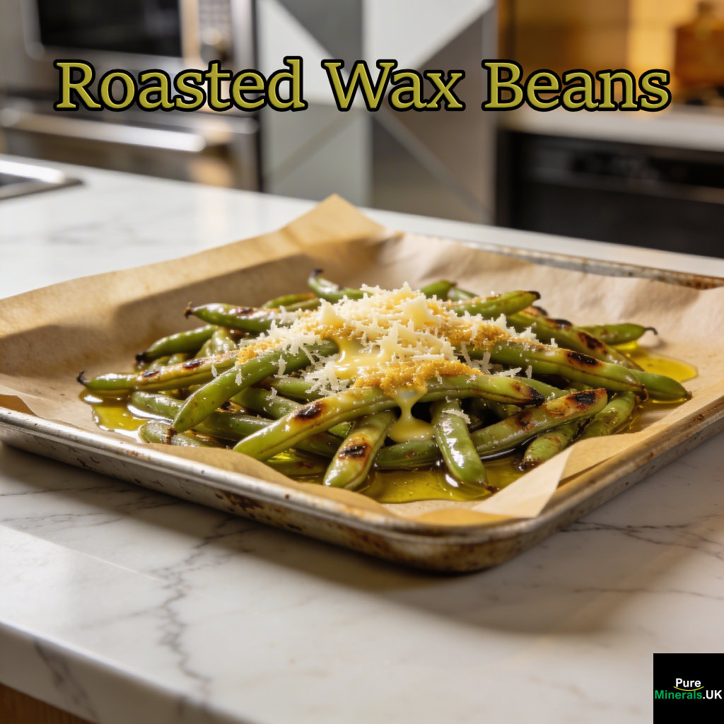 Roasted wax beans with lightly charred edges, coated in olive oil and topped with melted Parmesan cheese, served on a tray in a modern kitchen.