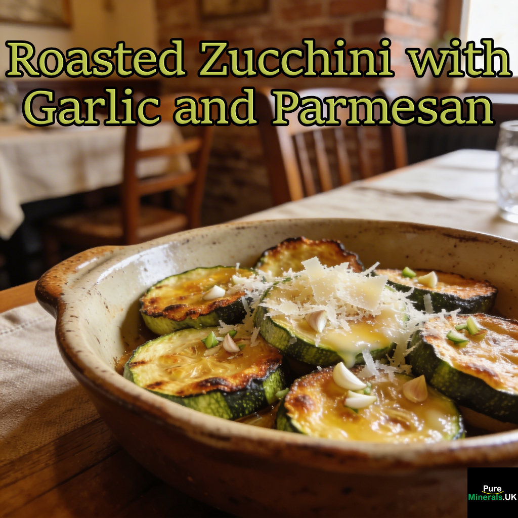 Roasted zucchini rounds with golden crispy edges, topped with melted Parmesan and bits of garlic, served in a ceramic dish on a table in a warmly lit Italian dining room.