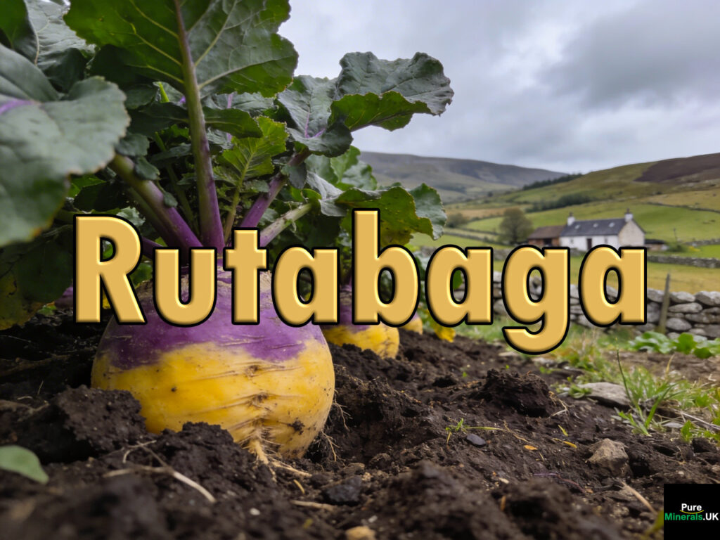 Rutabaga (swede, neeps, winter turnips) growing in a Scottish farm field, with purple and yellow tops emerging from soil, surrounded by green leaves and set against rolling countryside and stone walls under overcast skies.