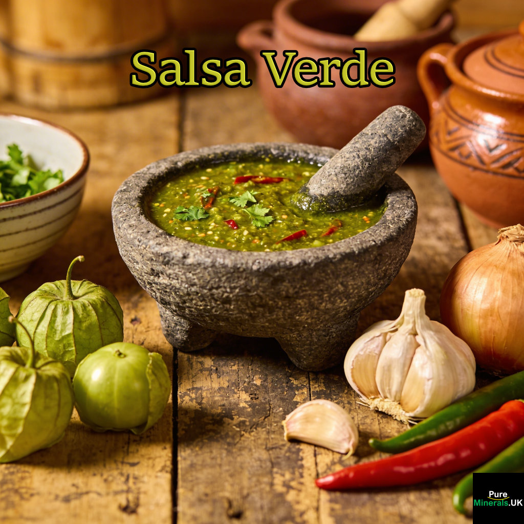 Salsa verde with a vibrant green color and flecks of herbs, served in a rustic bowl with fresh tomatillos, garlic, onion, and chili peppers on a wooden table in a Mexican kitchen.