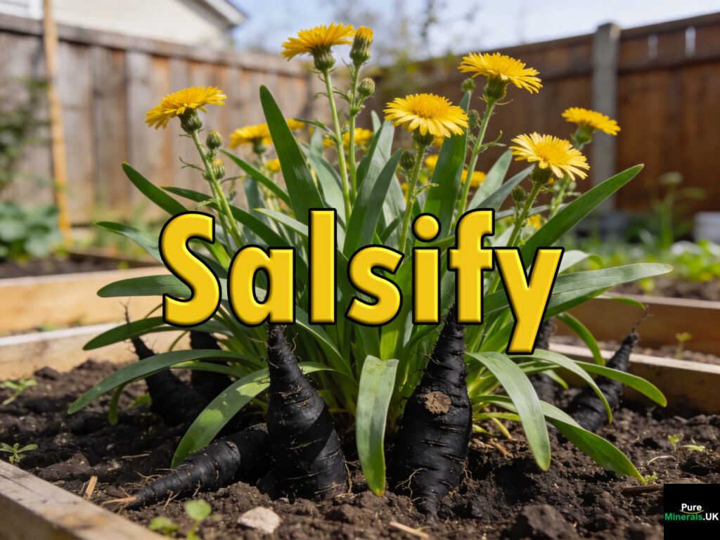 Scorzonera hispanica (black salsify) growing in a backyard garden, with yellow daisy-like flowers, long green leaves, and some black taproots partially visible above the soil.