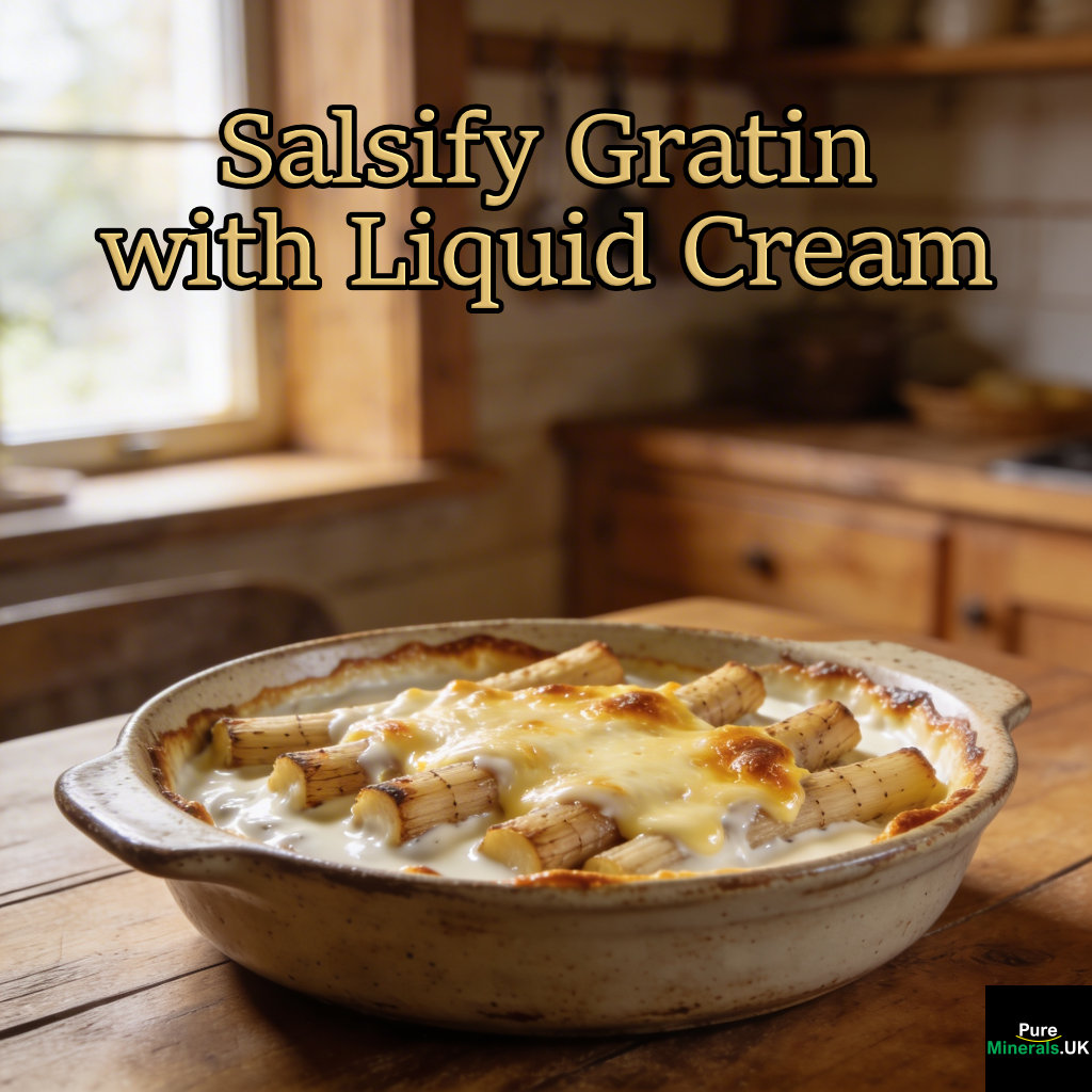 Salsify gratin baked in a rustic dish, with creamy sauce and golden melted cheese bubbling on top, set on a wooden table in a farmhouse kitchen.
