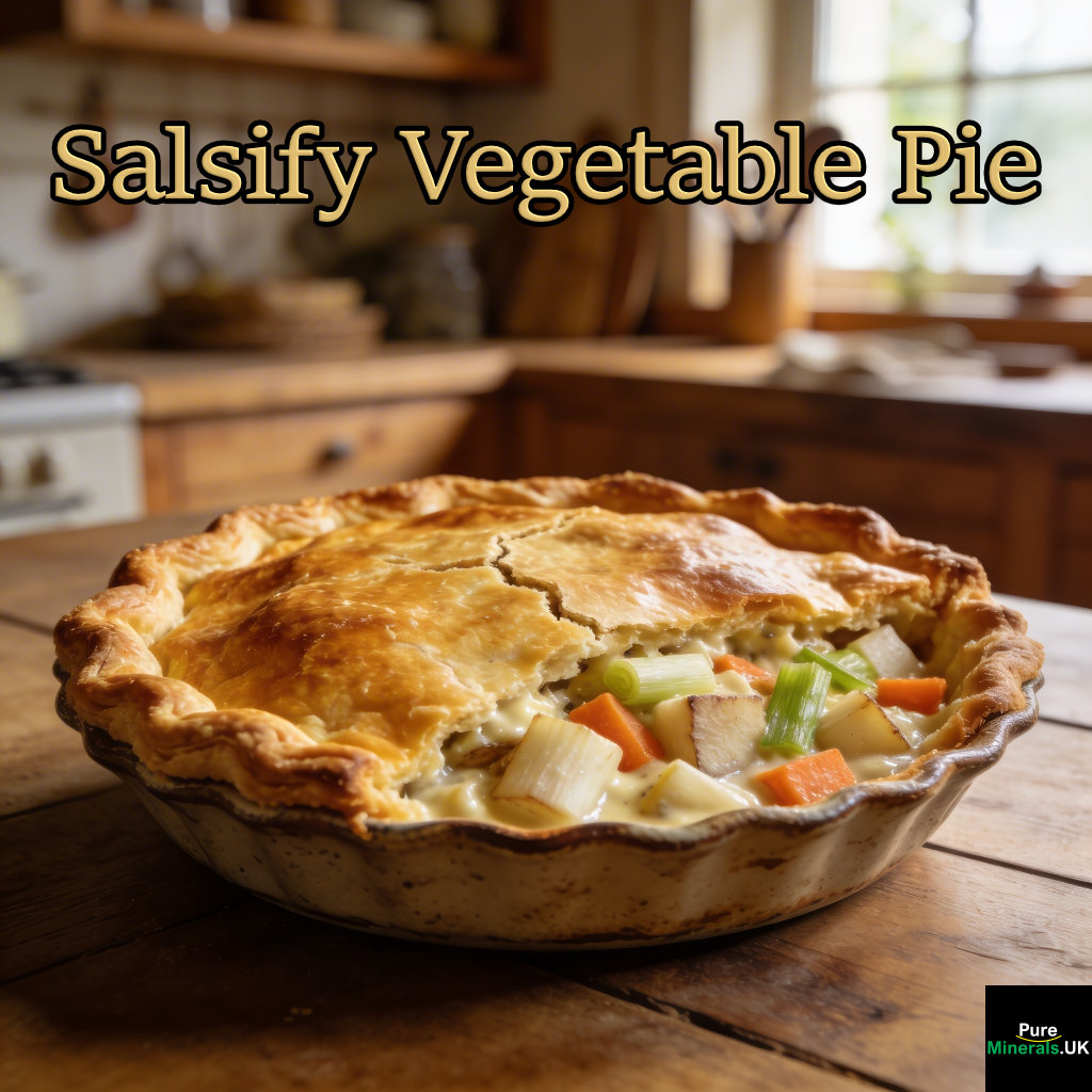 Salsify vegetable pie with a deep golden pastry crust, slightly cracked to reveal creamy filling with chunks of salsify, carrots, and leeks, set on a rustic table in a softly lit farmhouse kitchen.