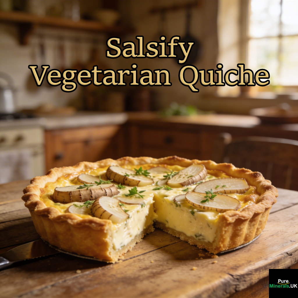 Salsify vegetarian quiche with a golden pastry crust and creamy filling showing slices of salsify and herbs, with a cut section revealing the soft interior, set on a rustic table.