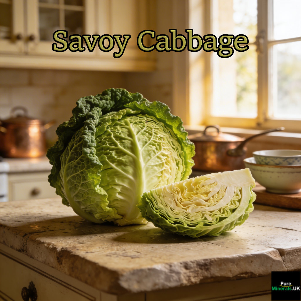 Whole and quartered savoy cabbage on a farmhouse kitchen table.