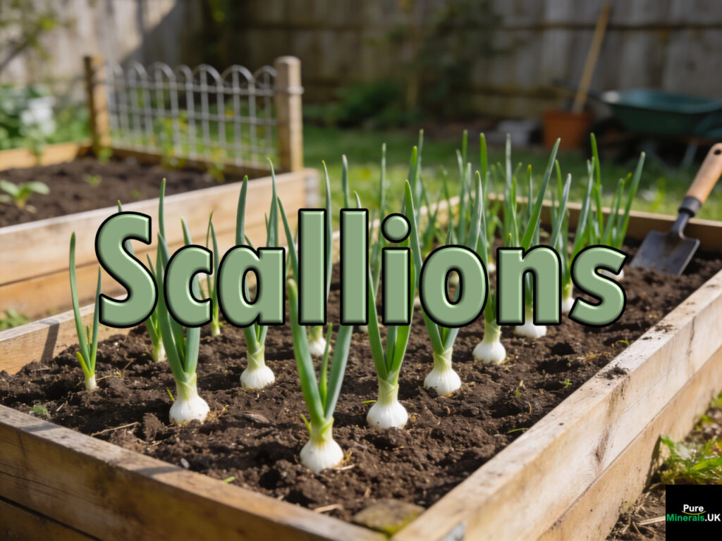 Scallions growing in neat rows in a backyard garden, with slender green stalks and white bases emerging from rich soil, surrounded by raised beds and garden elements.