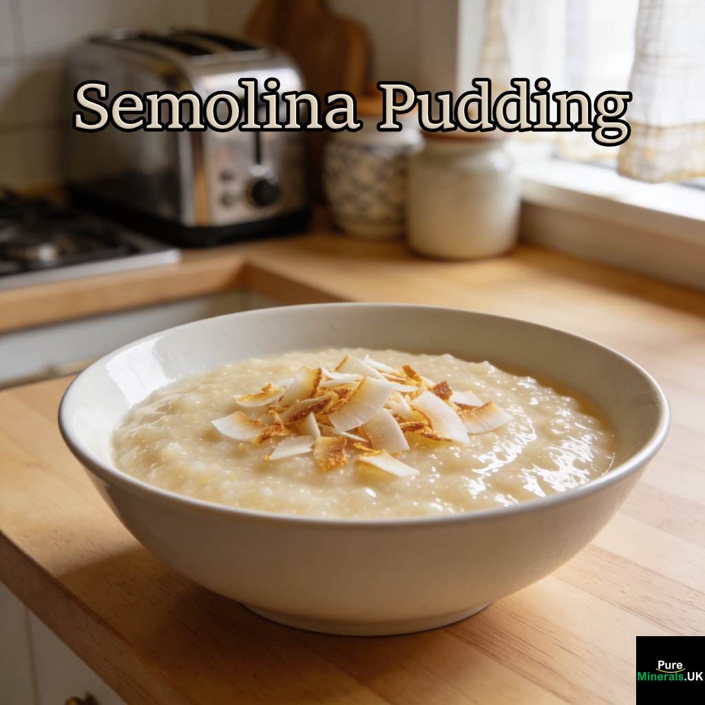A bowl of creamy semolina pudding topped with toasted coconut flakes on a kitchen countertop.