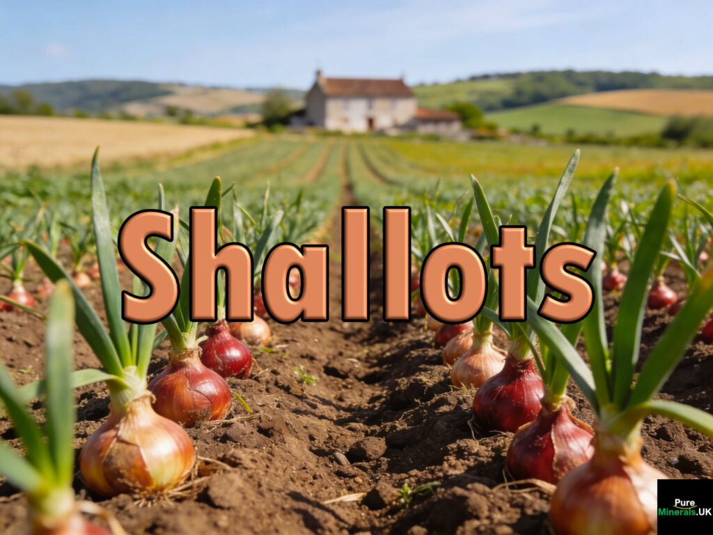 Shallots growing in neat rows on a French farm, with green leafy tops and reddish-brown bulbs emerging from soil, set against open farmland and a distant farmhouse.
