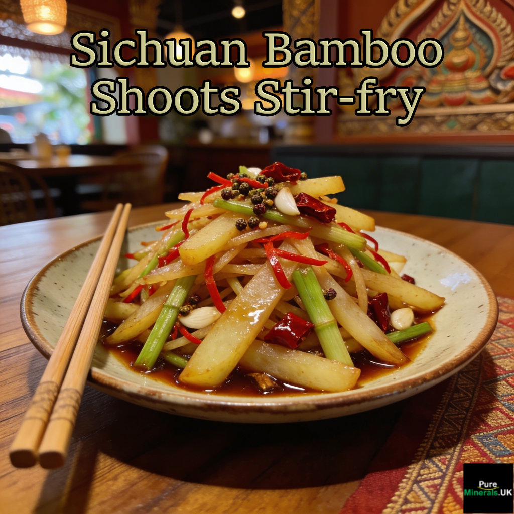 Sichuan bamboo shoots and potato stir-fry served in a Thai restaurant environment. Thin julienne strips of potato and bamboo shoots are stir-fried together and lightly glazed with soy sauce, interspersed with fine shreds of fresh red chili, pieces of dried red chili, chopped garlic, and visible Sichuan peppercorns. The dish is plated on a ceramic plate set on a wooden table, with chopsticks placed nearby. Warm ambient lighting and subtle Thai decorative elements in the softly blurred background create an inviting restaurant atmosphere that highlights the glossy texture and vibrant colors of the stir-fry.