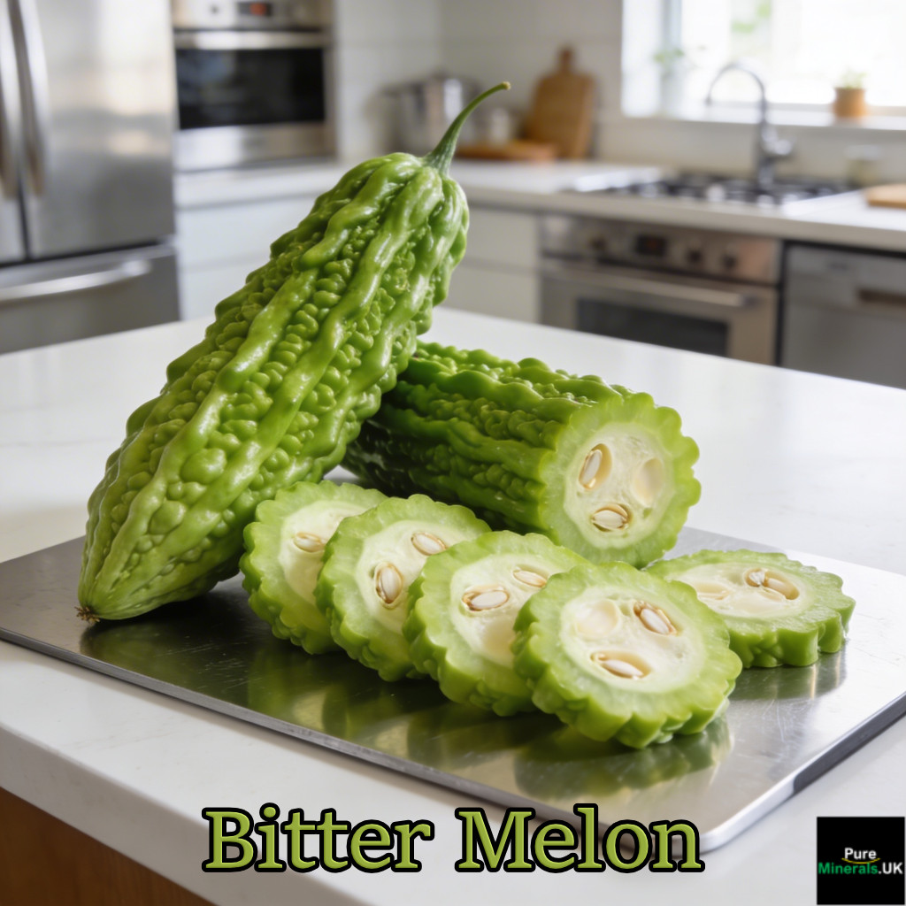Whole and sliced bright green bitter melon on a sleek cutting board in a modern kitchen with white countertops.