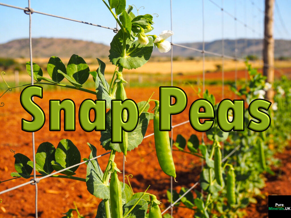 Snap peas growing on trellises in a Zimbabwe farm, with green pods and small white flowers among leafy vines, set in reddish soil with open fields and distant hills under bright sunlight.