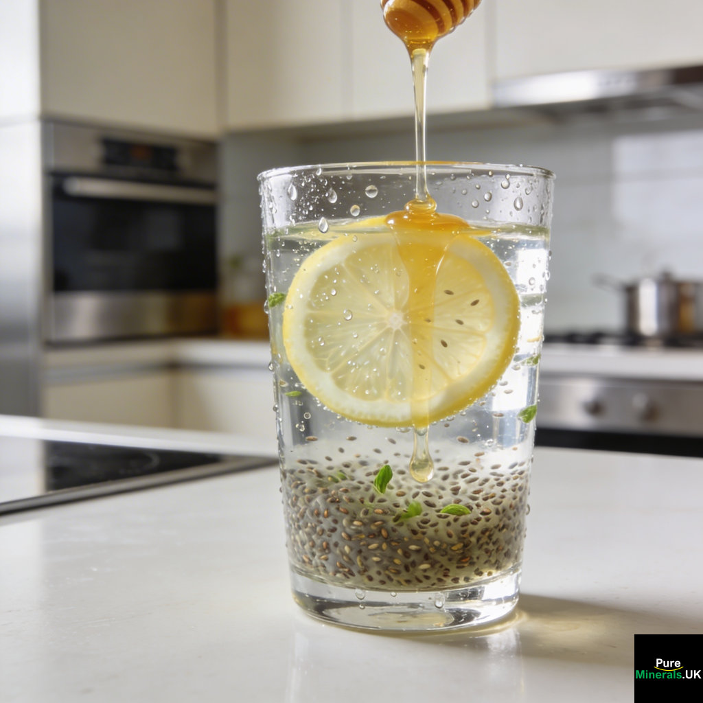 A clear glass of soaked basil seed drink with lemon slices and honey on a modern kitchen countertop, softly lit by natural light.