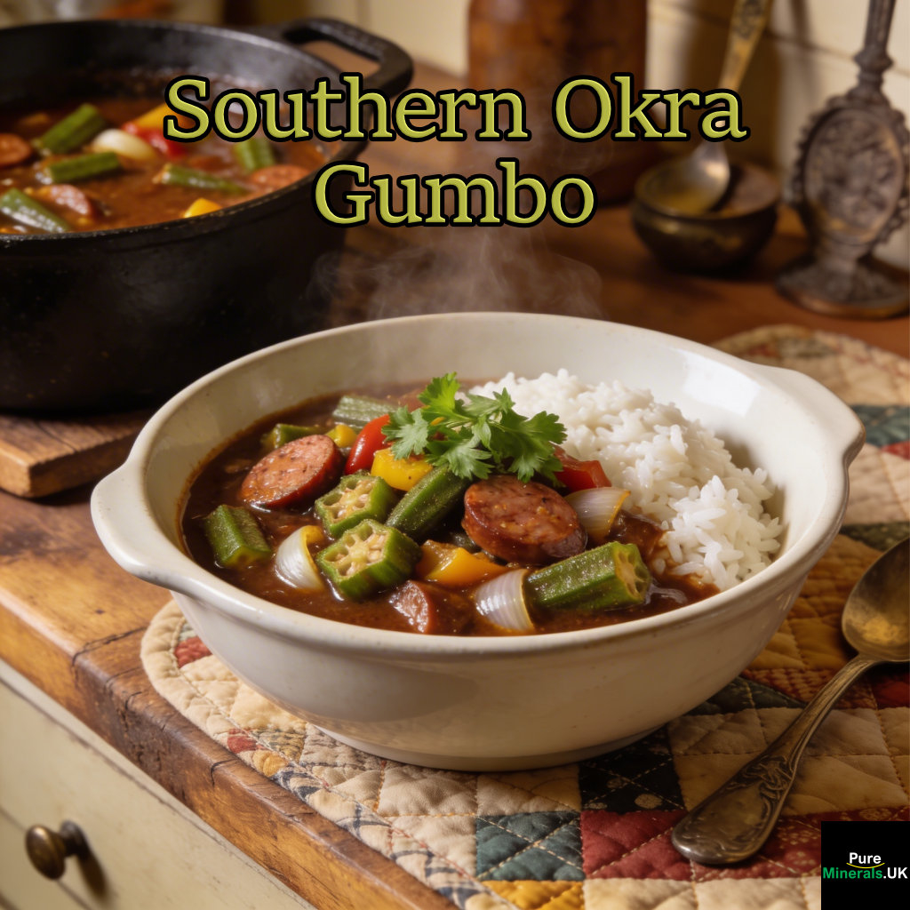 Bowl of Southern okra gumbo with sausage and vegetables served over white rice, garnished with parsley in a rustic South Carolina kitchen.