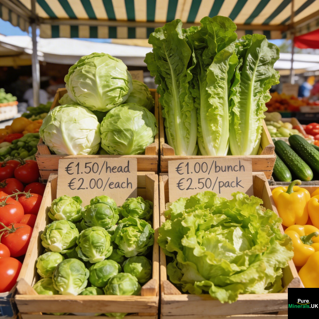 Iceberg, romaine, little gem, and butter lettuce displayed in wooden crates at a Spanish outdoor market stall.