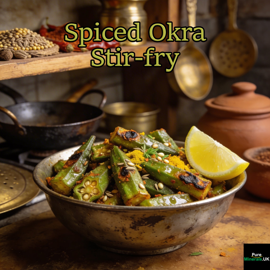 Spiced okra stir-fry (bhindi masala) with sliced okra and aromatic spices, lightly blistered and served with a lemon wedge in an Indian kitchen.