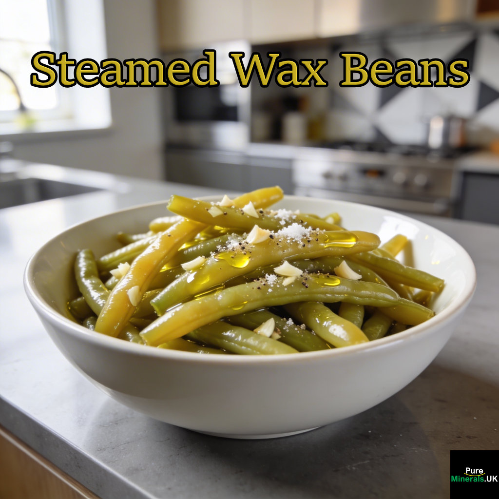 Steamed wax beans glistening with olive oil and minced garlic, lightly seasoned and served in a modern bowl on a sleek kitchen countertop.