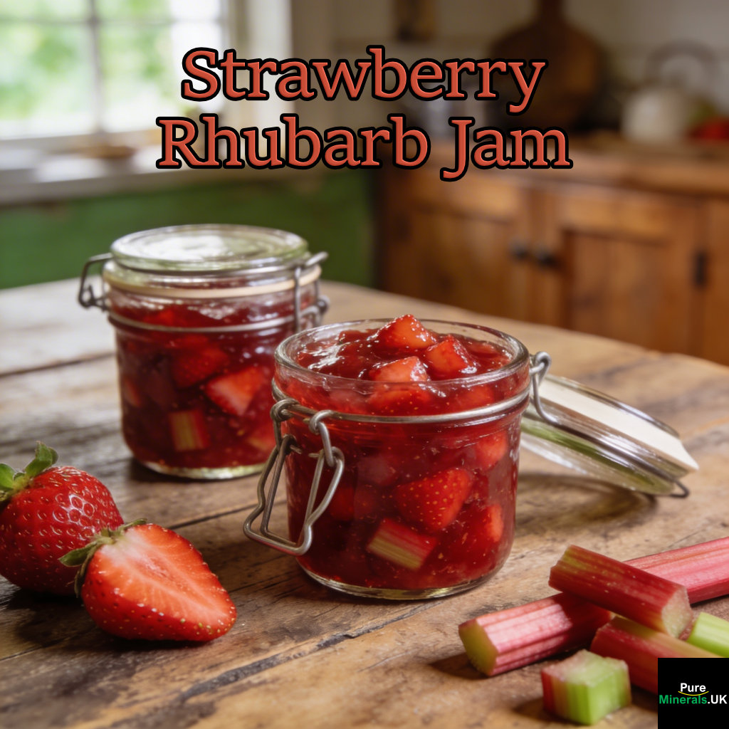 Two glass jars filled with strawberry rhubarb jam, one open showing thick glossy red jam, placed on a rustic wooden table in a farmhouse kitchen with fresh strawberries and rhubarb pieces nearby.