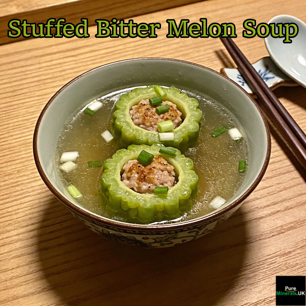 Bowl of stuffed bitter melon soup with pork-filled melon rings in clear broth, garnished with sliced scallions.