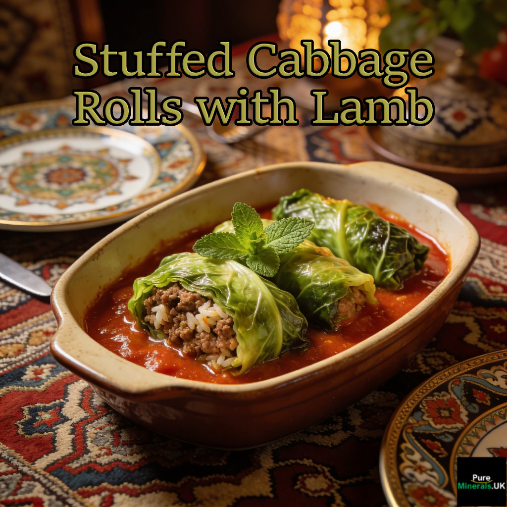 Stuffed Cabbage Rolls With Lamb in a serving dish on a table in a Turkish dining room setting.