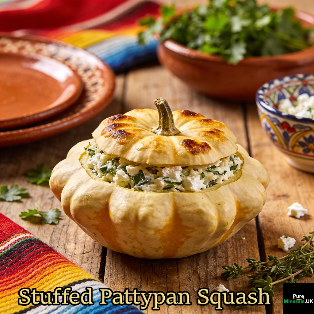 Stuffed pattypan squash filled with herbs and feta, lightly golden on top, served on a rustic table in a colorful Mexican dining room with clay dishes.