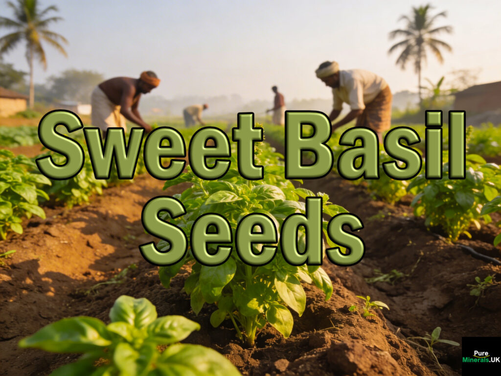 Rows of lush green sweet basil plants from which basil seeds are obtained growing on an Indian plantation with farmers tending crops under warm sunlight and rural scenery in the background.