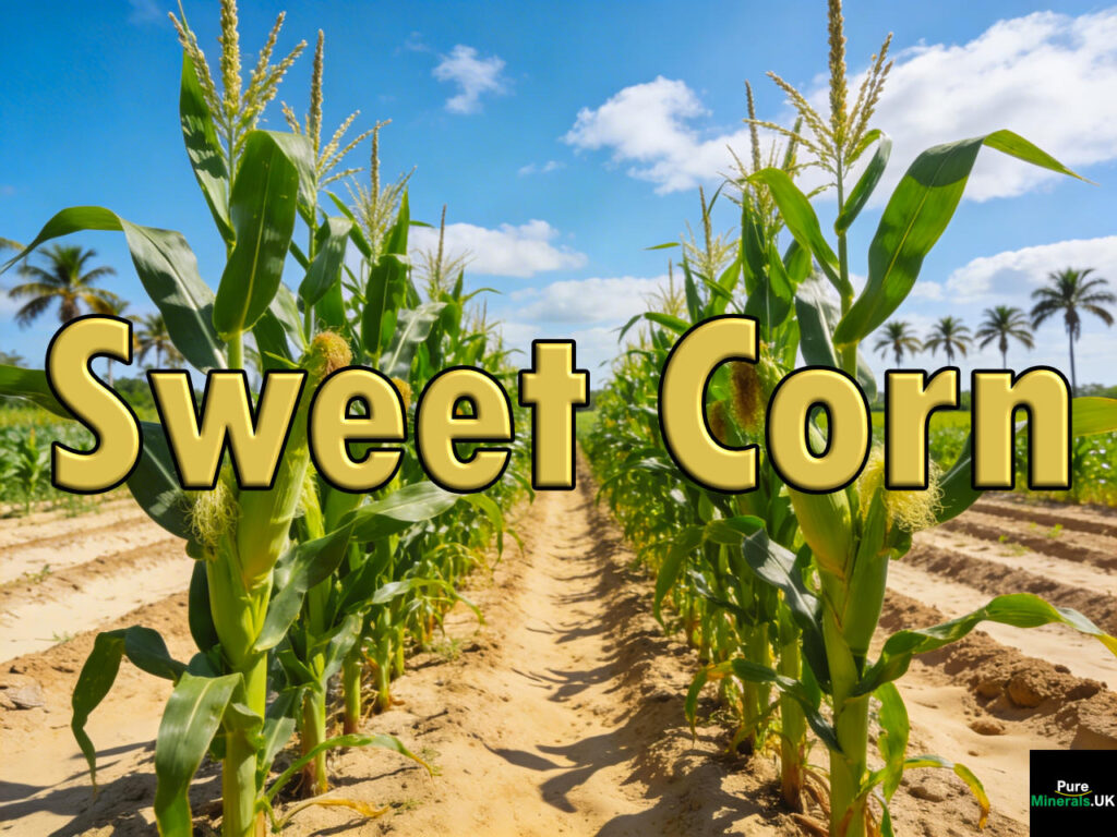 Rows of tall sweet corn plants growing in a sunny Florida farm field with green stalks and developing ears.