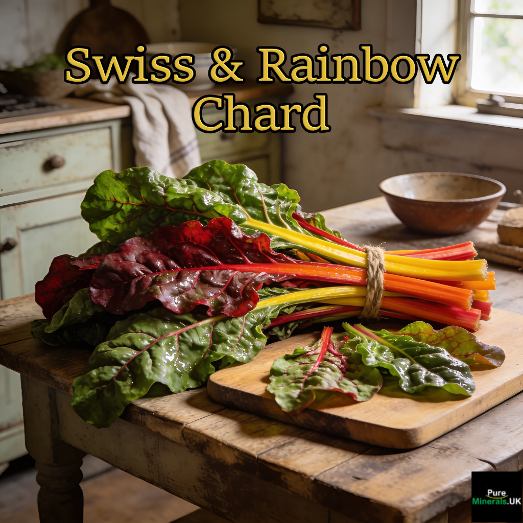 Freshly picked Swiss chard and rainbow chard with colorful stems on a wooden table in a farmhouse kitchen.