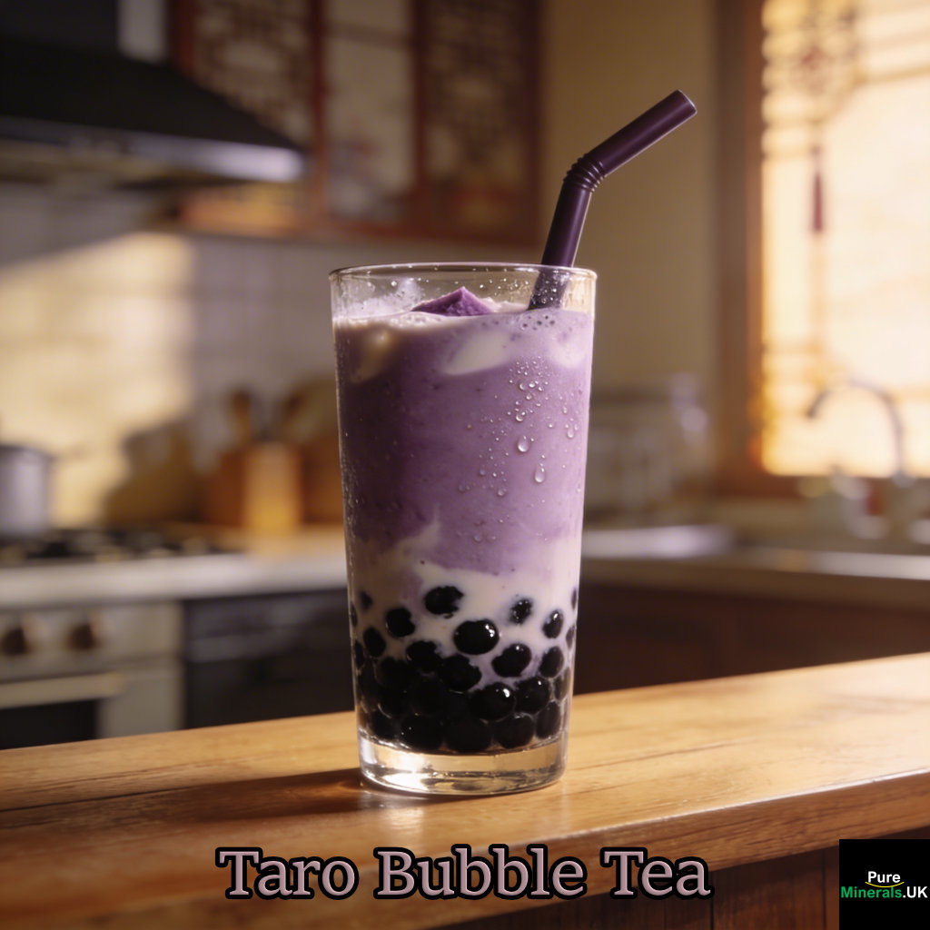 Taro bubble tea with a creamy purple drink and black tapioca pearls in a glass with a wide straw, placed on a wooden counter in a Taiwanese kitchen.
