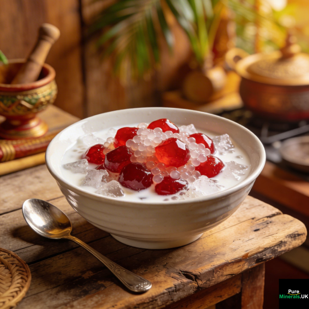 Thai Red Rubies dessert (Tub Tim Krob) with bright red translucent water chestnut pieces in creamy coconut milk over crushed ice, served in a bowl in a Thai kitchen.