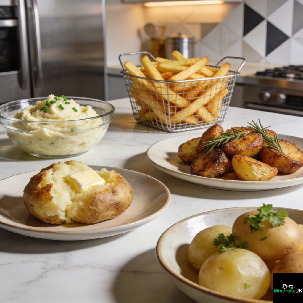 A variety of potato dishes including mashed potatoes, French fries, roast potatoes, baked potatoes, and boiled potatoes arranged in bowls on a modern kitchen countertop.