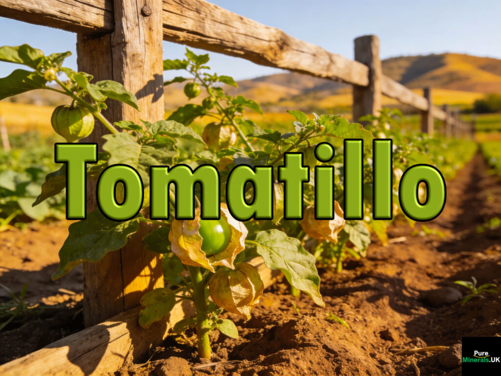 Tomatillo plants growing on a Mexican farm, with green fruits enclosed in papery husks, some partially open, surrounded by leafy plants under bright sunlight.