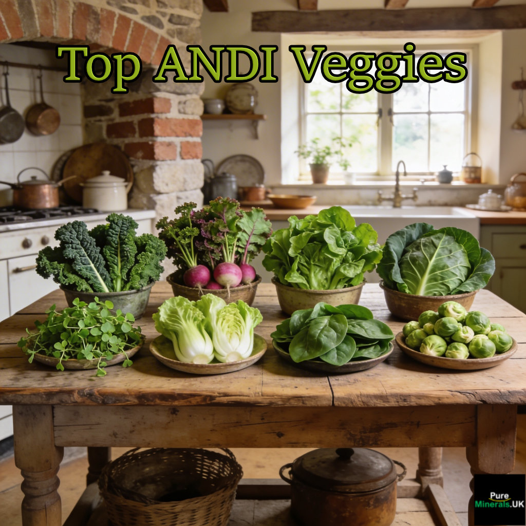 The top 8 ANDI vegetables: Kale, mustard, turnip, collard greens, watercress, bok choy, spinach, and Brussels sprouts.