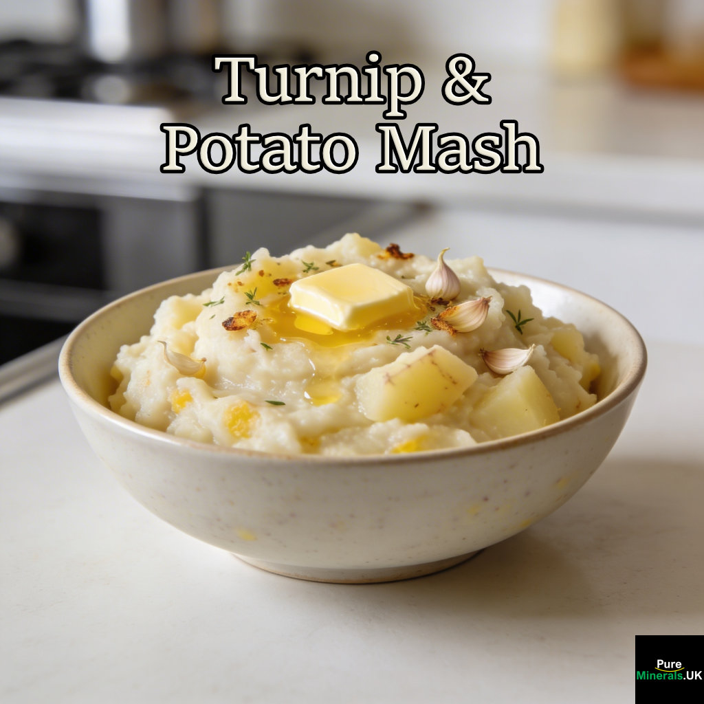 Creamy turnip and potato mash with a pat of melting butter and flecks of roasted garlic, served in a modern bowl on a clean kitchen countertop.
