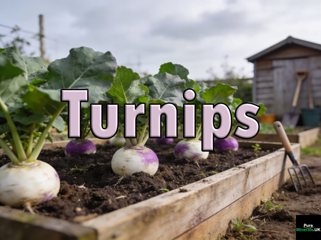 Turnips growing in an allotment, with green leafy tops and white-purple roots partially visible above soil, arranged in neat rows under soft overcast daylight.
