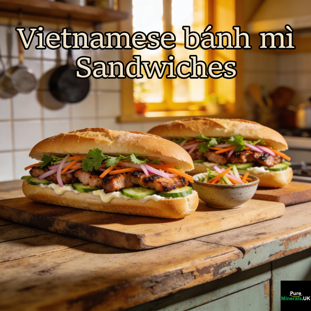 Vietnamese bánh mì sandwiches filled with pickled daikon and carrot, cilantro, cucumber, and grilled meat on a wooden counter in a Vietnamese kitchen.