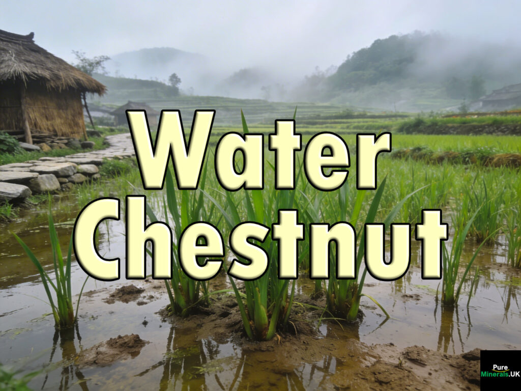 Water chestnut plants growing in shallow flooded paddy fields in China, with tall green grass-like leaves rising from water and muddy soil.