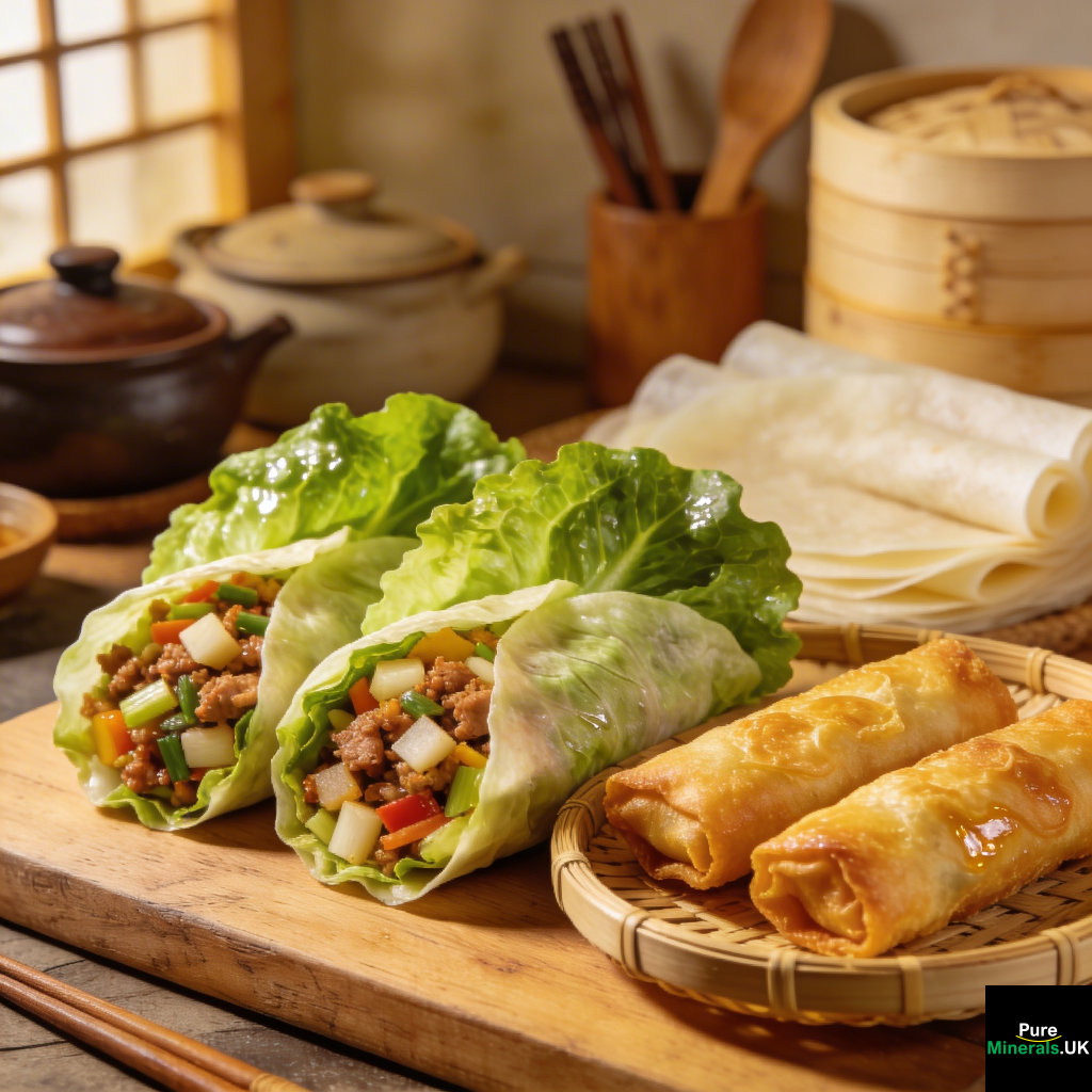 Lettuce wraps filled with diced water chestnuts and minced meat alongside crispy golden egg rolls, served in a warmly lit Cantonese kitchen.