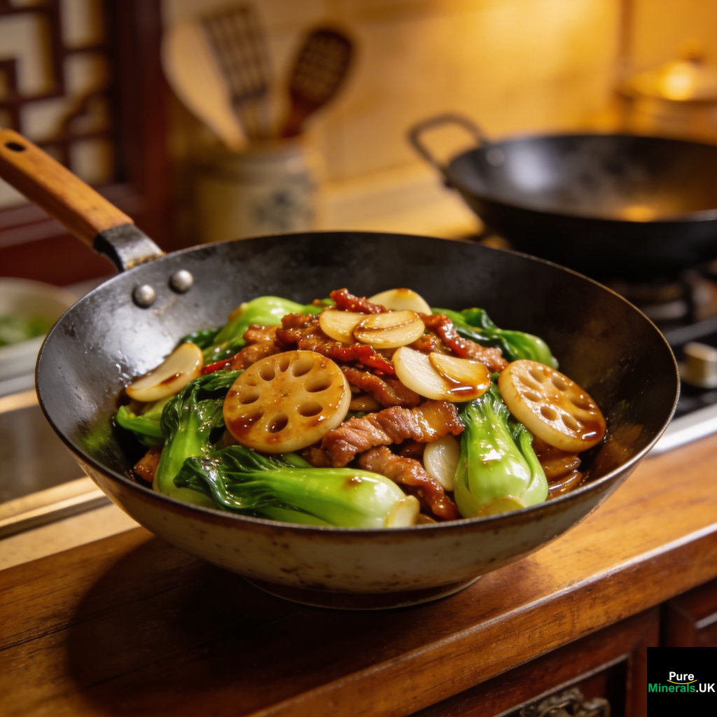 A Chinese stir-fry with sliced water chestnuts, spicy pork, and bok choy in a glossy sauce, served in a bowl in a warmly lit Chinese kitchen