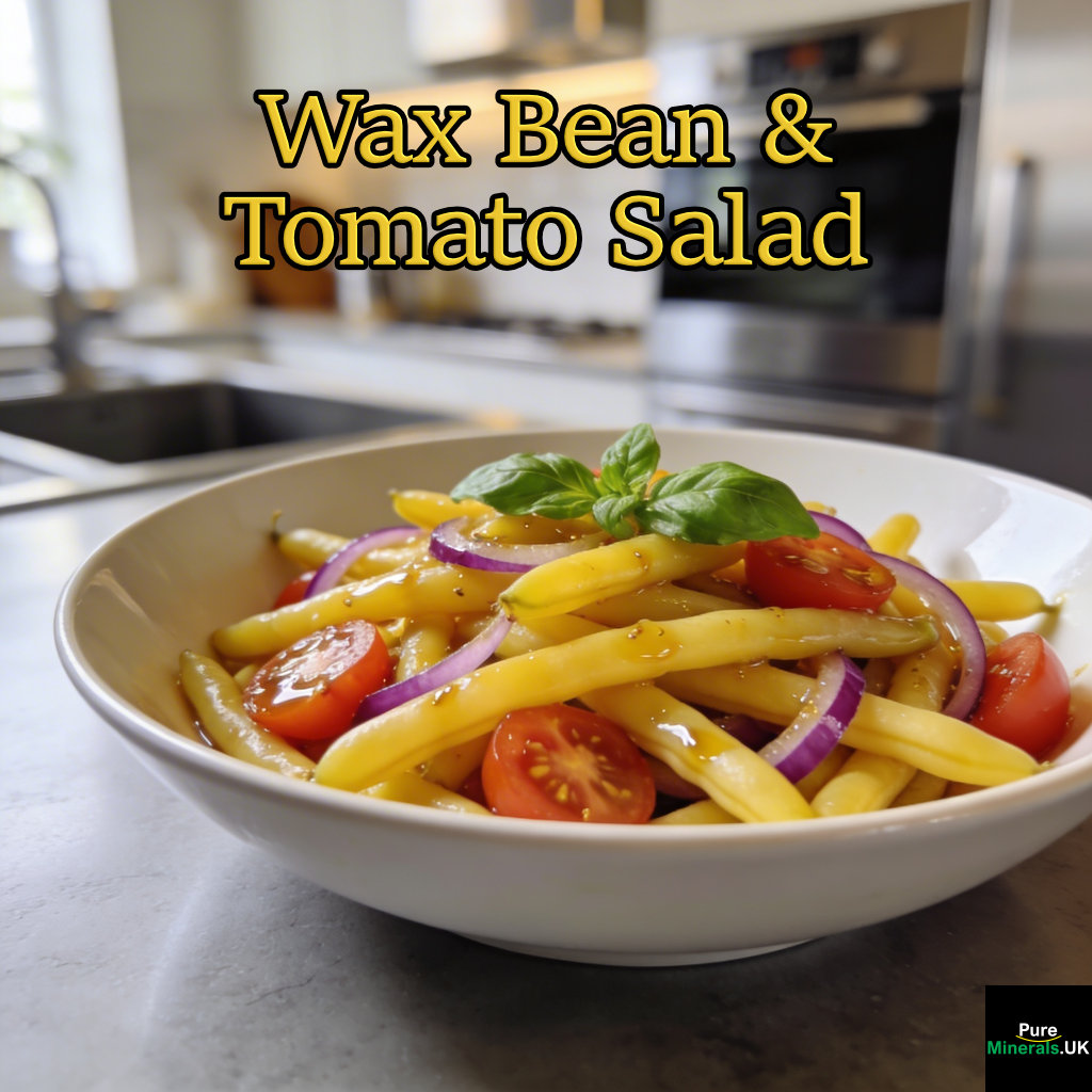 Wax bean and tomato summer salad with bright yellow beans, halved cherry tomatoes, and sliced red onion in a light vinaigrette, garnished with fresh basil and served in a modern bowl on a sleek kitchen countertop.