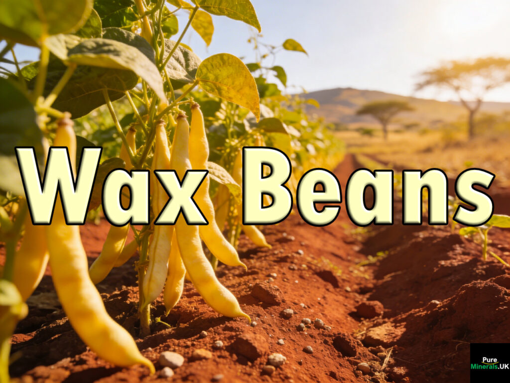Wax beans growing in neat rows on a Kenyan farm, with pale yellow pods among green plants, set in red soil with open farmland and distant hills under bright sunlight.